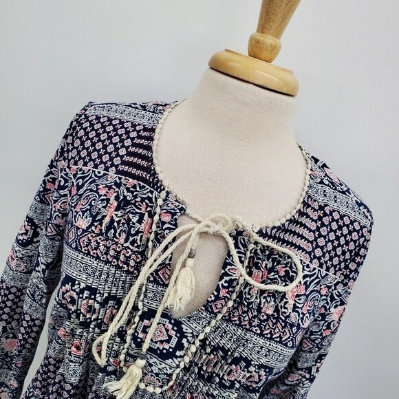 Daniel Rainn Navy‎ Red Floral Peasant Boho Top Size M Long Sleeve Lightweight - Picture 5 of 14